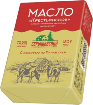 Социальный Масло сладко-сливоч. несол. "Крестьянское" 72,5%,фас180гр.,ТМ "Деревенская Буренка"